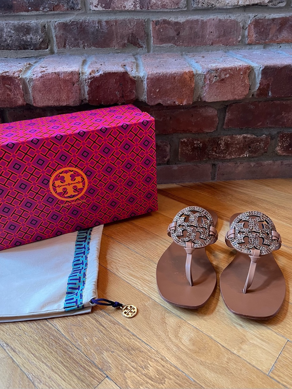 Tory Burch Tan Brown Crystal Embellished Square Toe Miller Leather Sandals